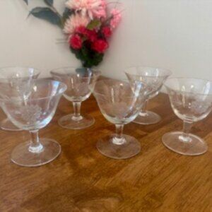 Set of 6 Vintage Etched Cornflower Coupe or Cocktail Glasses – Mid-Century Elega